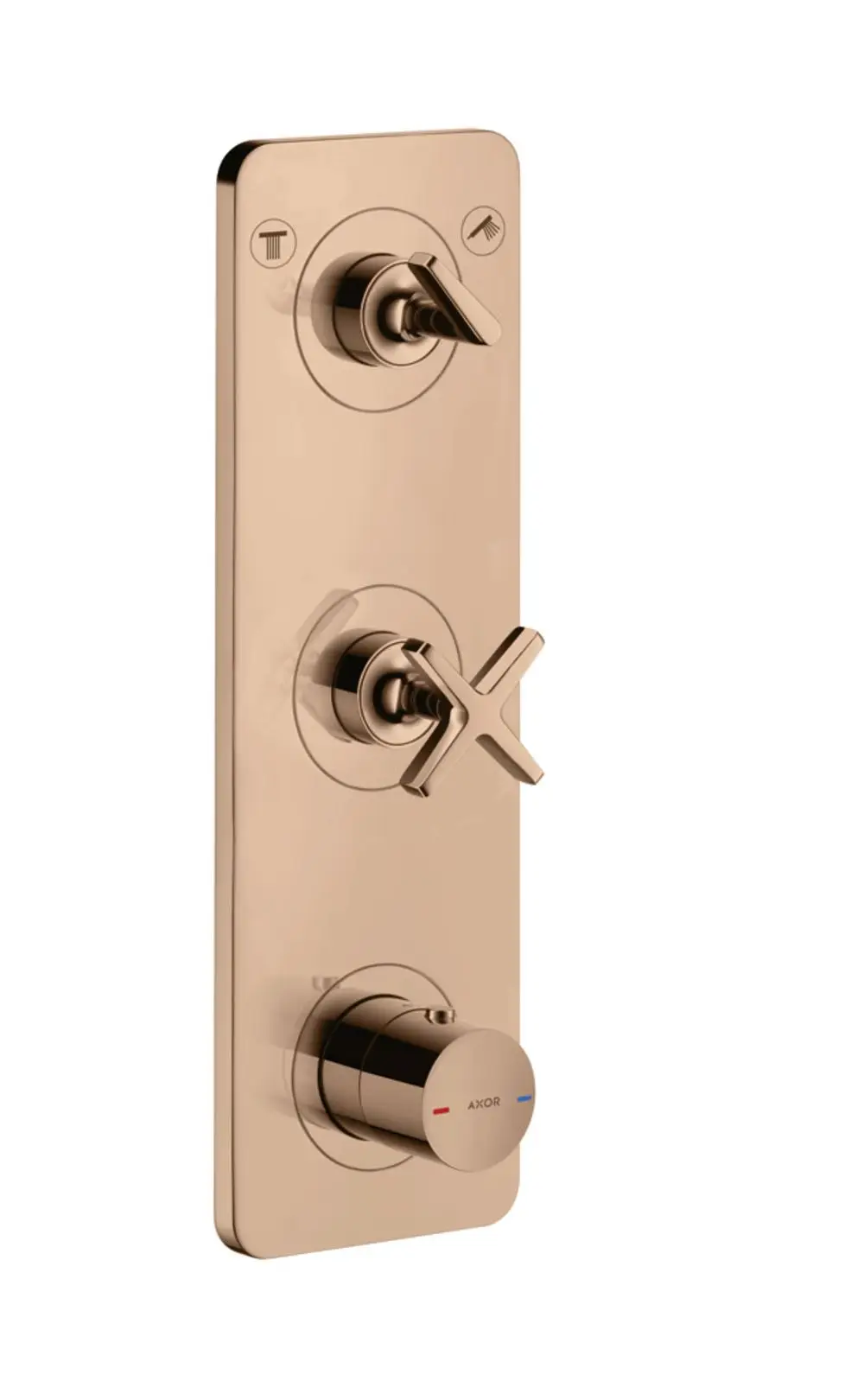 Wandmontiertes Thermostatmodul mit drei Steuerungen in Polished Red Gold von AXOR, geeignet für zwei Verbraucher, auf rechteckiger Grundplatte.